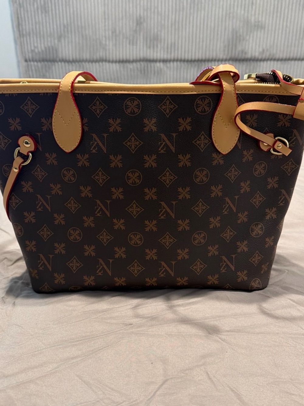 Brown Monogram Pattern Tote with Tan Trim